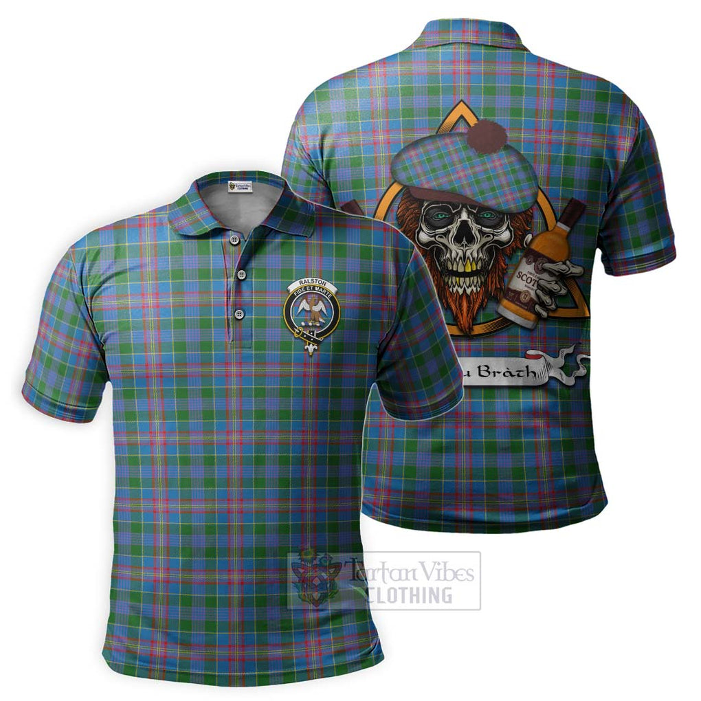 Tartan Vibes Clothing Ralston Tartan Polo Shirt with Family Crest and Bearded Skull Holding Bottles of Whiskey
