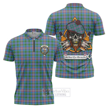 Ralston Tartan Zipper Polo Shirt with Family Crest and Bearded Skull Holding Bottles of Whiskey