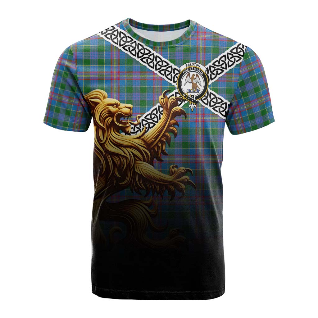 Tartan Vibes Clothing Ralston Crest Tartan Cotton T-shirt with Golden Lion Emblem Celtic Style