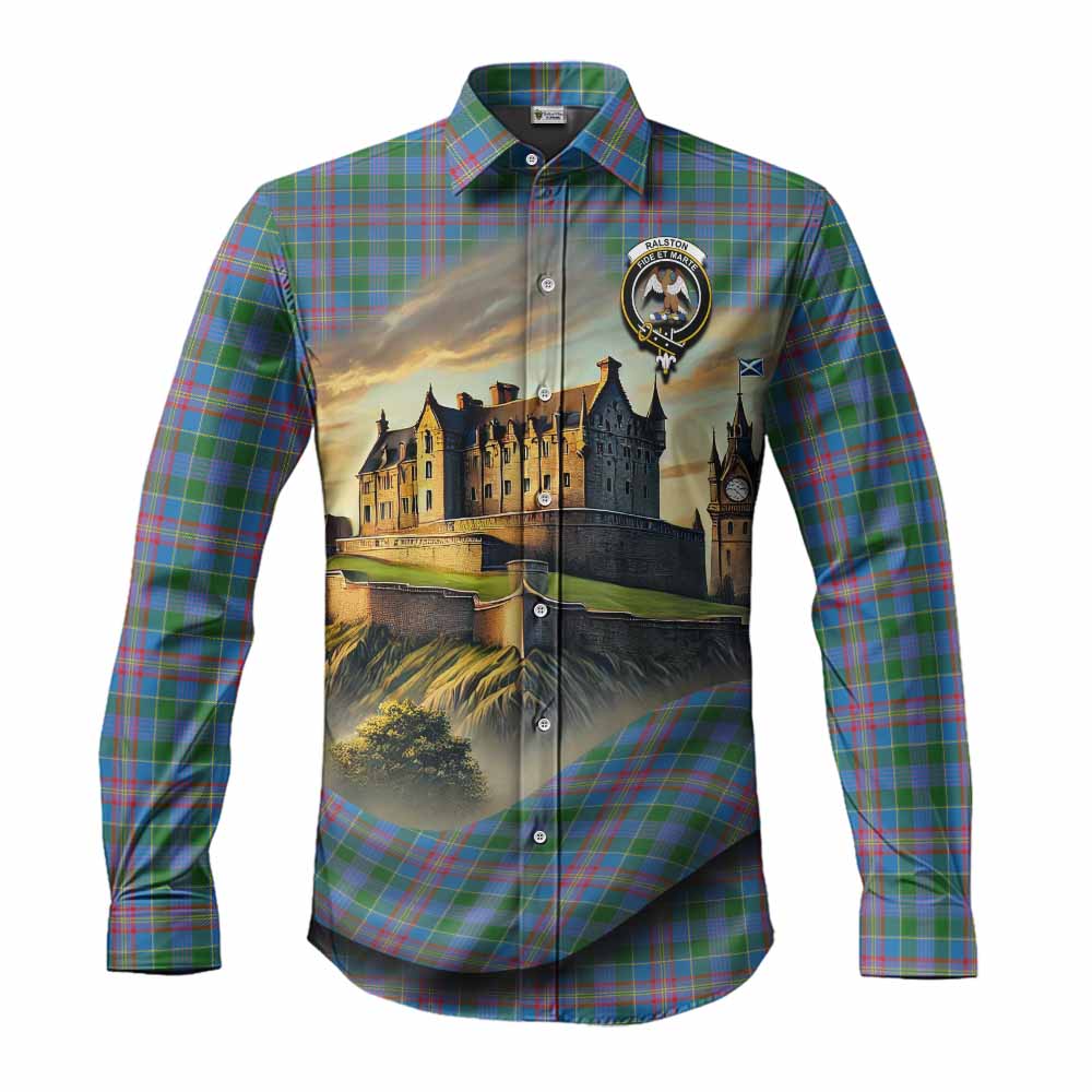 Tartan Vibes Clothing Ralston Tartan Family Crest Long Sleeve Button Shirt with Scottish Ancient Castle Style