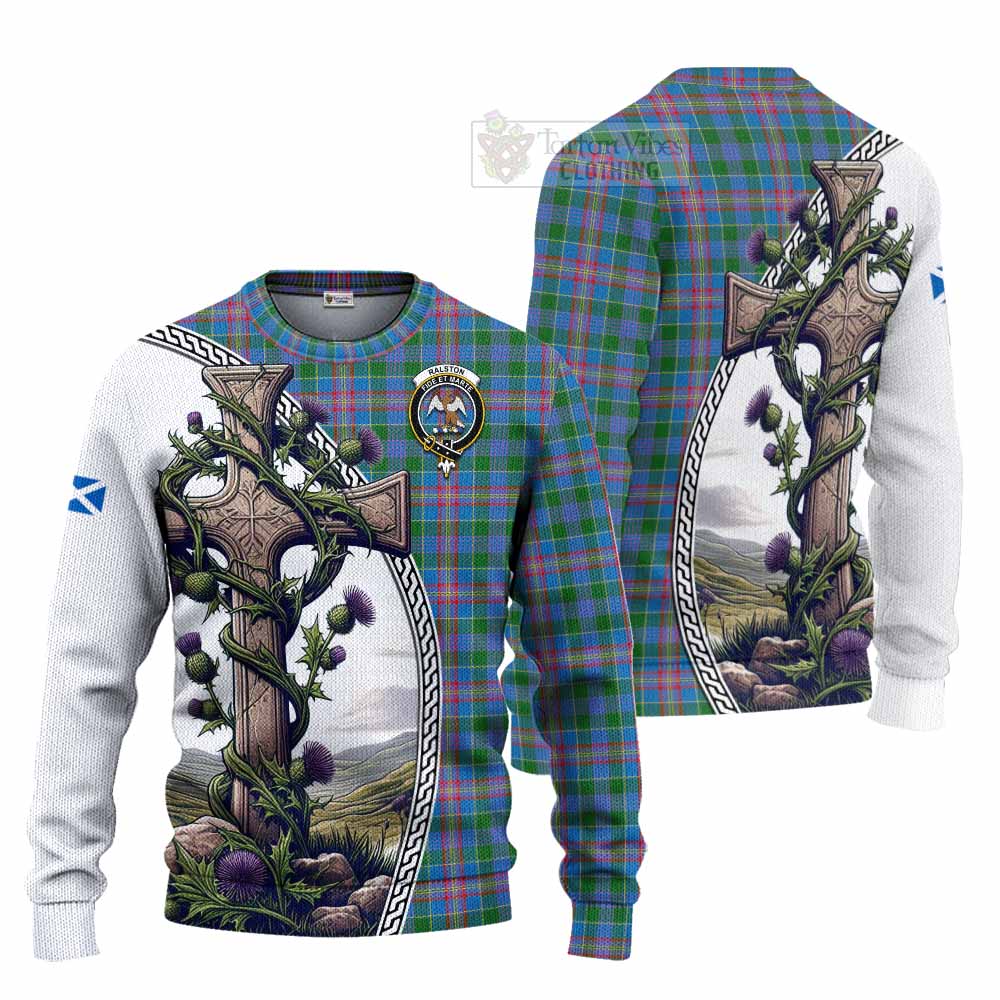 Tartan Vibes Clothing Ralston Tartan Knitted Sweater with Family Crest and St. Andrew's Cross Accented by Thistle Vines