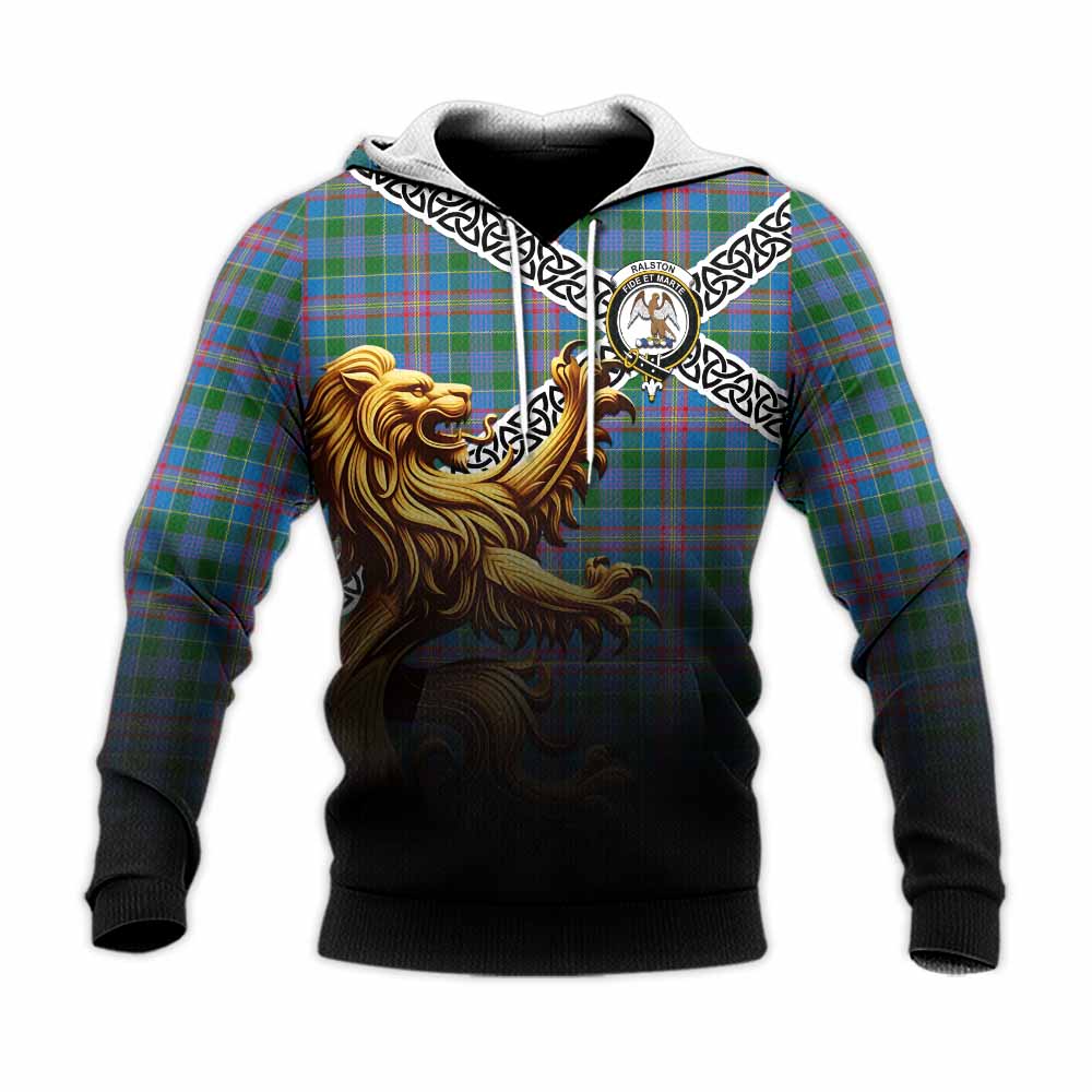 Tartan Vibes Clothing Ralston Crest Tartan Knitted Hoodie with Golden Lion Emblem Celtic Style