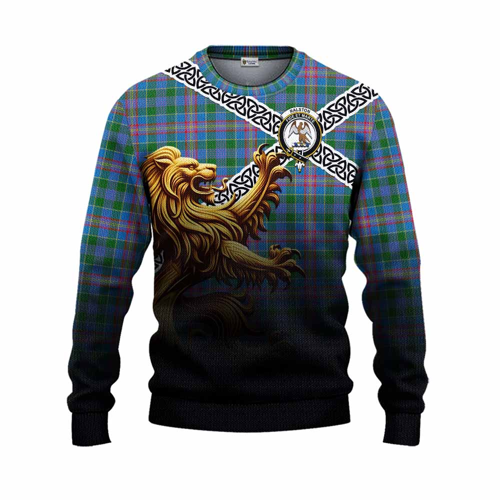 Tartan Vibes Clothing Ralston Crest Tartan Knitted Sweater with Golden Lion Emblem Celtic Style