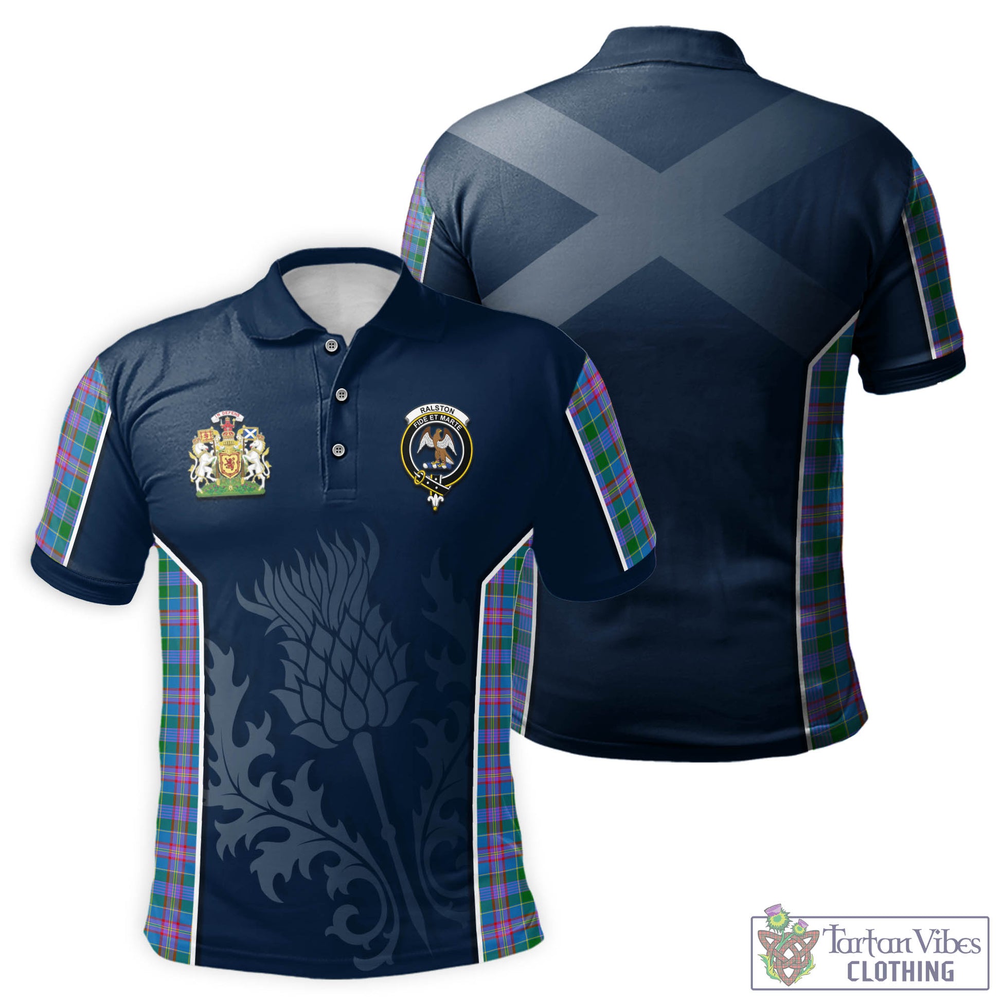 Tartan Vibes Clothing Ralston Tartan Men's Polo Shirt with Family Crest and Scottish Thistle Vibes Sport Style