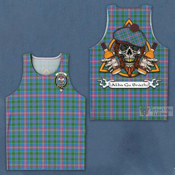 Ralston Tartan Men's Tank Top with Family Crest and Bearded Skull Holding Bottles of Whiskey