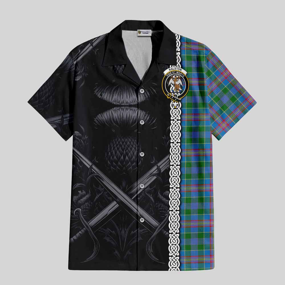 Tartan Vibes Clothing Ralston Tartan Short Sleeve Button Shirt with Family Crest Cross Sword Thistle Celtic Vibes
