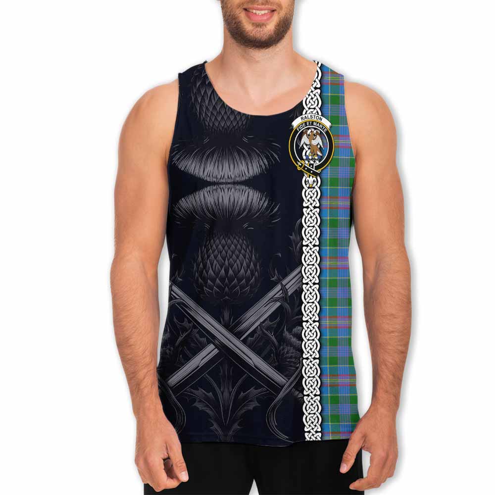 Tartan Vibes Clothing Ralston Tartan Men's Tank Top with Family Crest Cross Sword Thistle Celtic Vibes