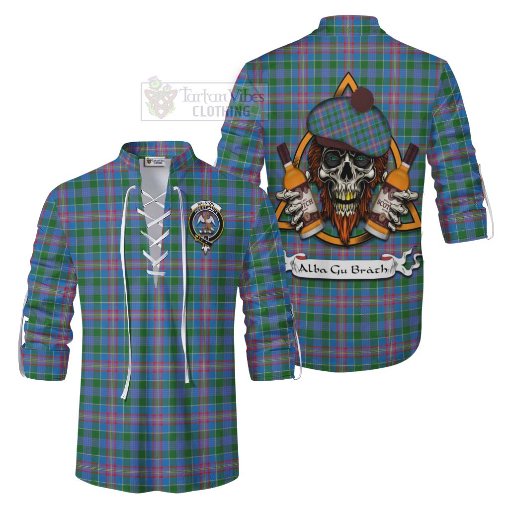 Tartan Vibes Clothing Ralston Tartan Ghillie Kilt Shirt with Family Crest and Bearded Skull Holding Bottles of Whiskey