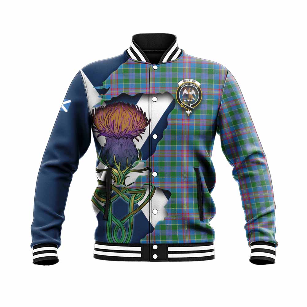 Tartan Vibes Clothing Ralston Tartan Family Crest Baseball Jacket Scottish Thistle Celtic Inspired