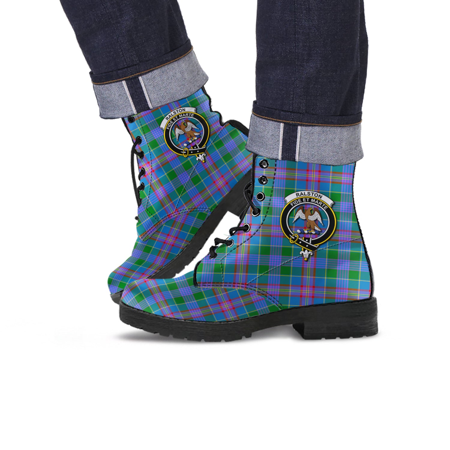 Ralston Tartan Leather Boots with Family Crest Men' Boots - Tartan Vibes Clothing