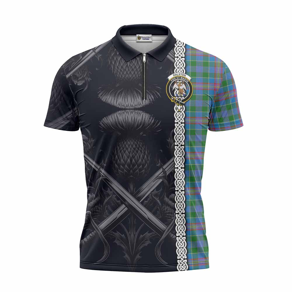 Tartan Vibes Clothing Ralston Tartan Zipper Polo Shirt with Family Crest Cross Sword Thistle Celtic Vibes