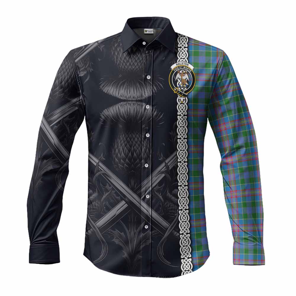 Tartan Vibes Clothing Ralston Tartan Long Sleeve Button Shirt with Family Crest Cross Sword Thistle Celtic Vibes