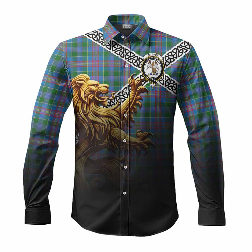 Tartan Vibes Clothing Ralston Crest Tartan Long Sleeve Button Shirt with Golden Lion Emblem Celtic Style