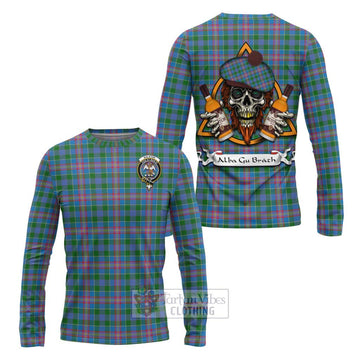 Tartan Vibes Clothing Ralston Tartan Long Sleeve T-Shirt with Family Crest and Bearded Skull Holding Bottles of Whiskey