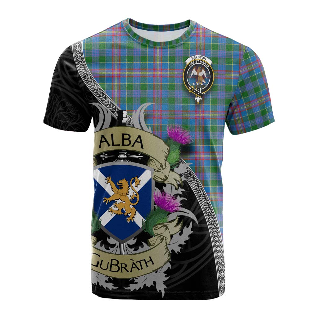 Tartan Vibes Clothing Ralston Tartan Family Crest Cotton T-shirt Lion Rampant Royal Thistle Shield Celtic Inspired