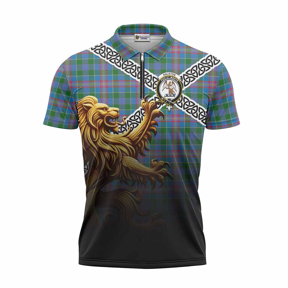 Tartan Vibes Clothing Ralston Crest Tartan Zipper Polo Shirt with Golden Lion Emblem Celtic Style