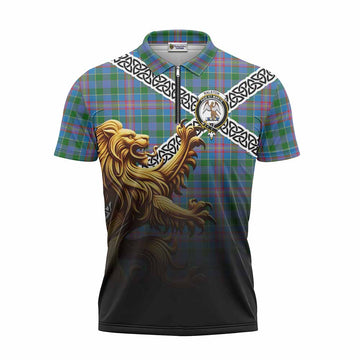 Ralston Crest Tartan Zipper Polo Shirt with Golden Lion Emblem Celtic Style