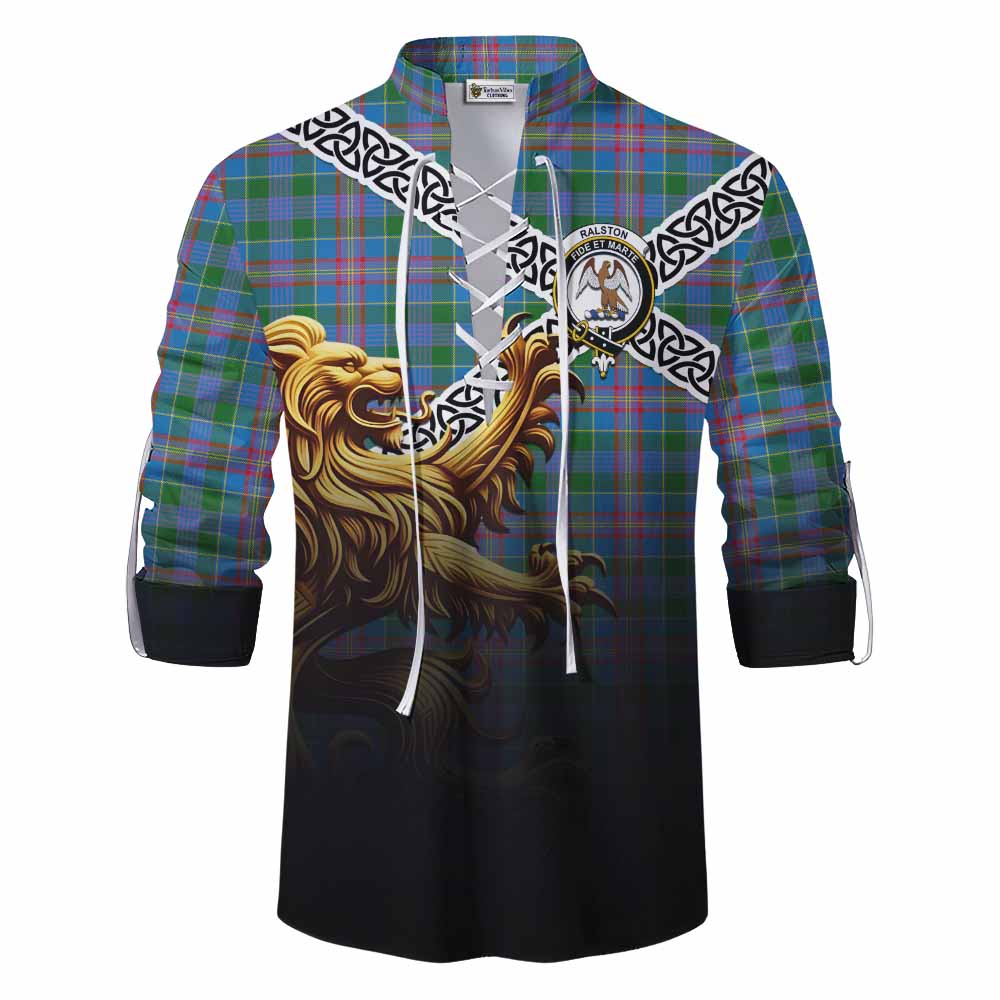 Tartan Vibes Clothing Ralston Crest Tartan Ghillie Kilt Shirt with Golden Lion Emblem Celtic Style