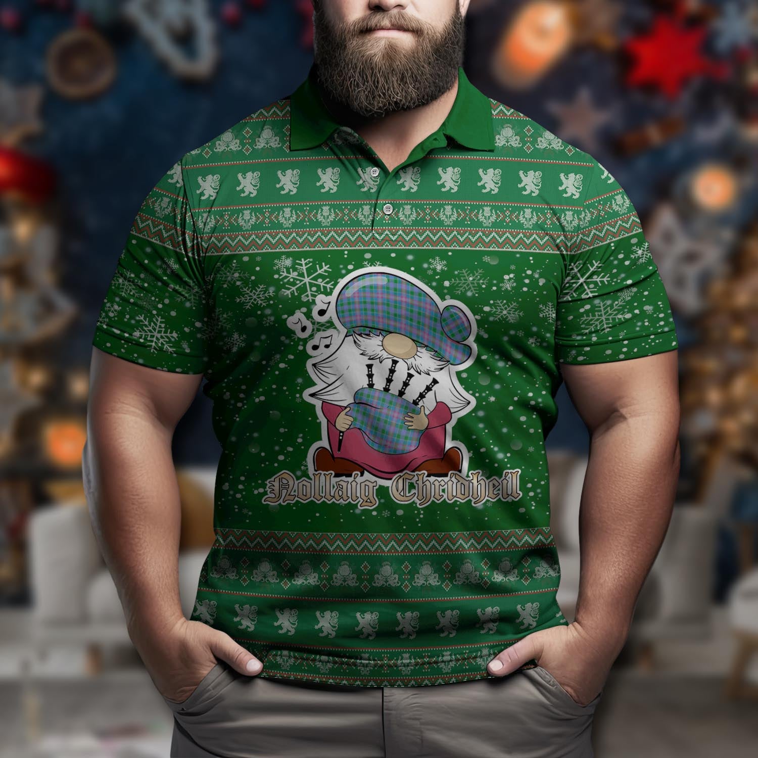 Ralston Clan Christmas Family Polo Shirt with Funny Gnome Playing Bagpipes Men's Polo Shirt Green - Tartanvibesclothing