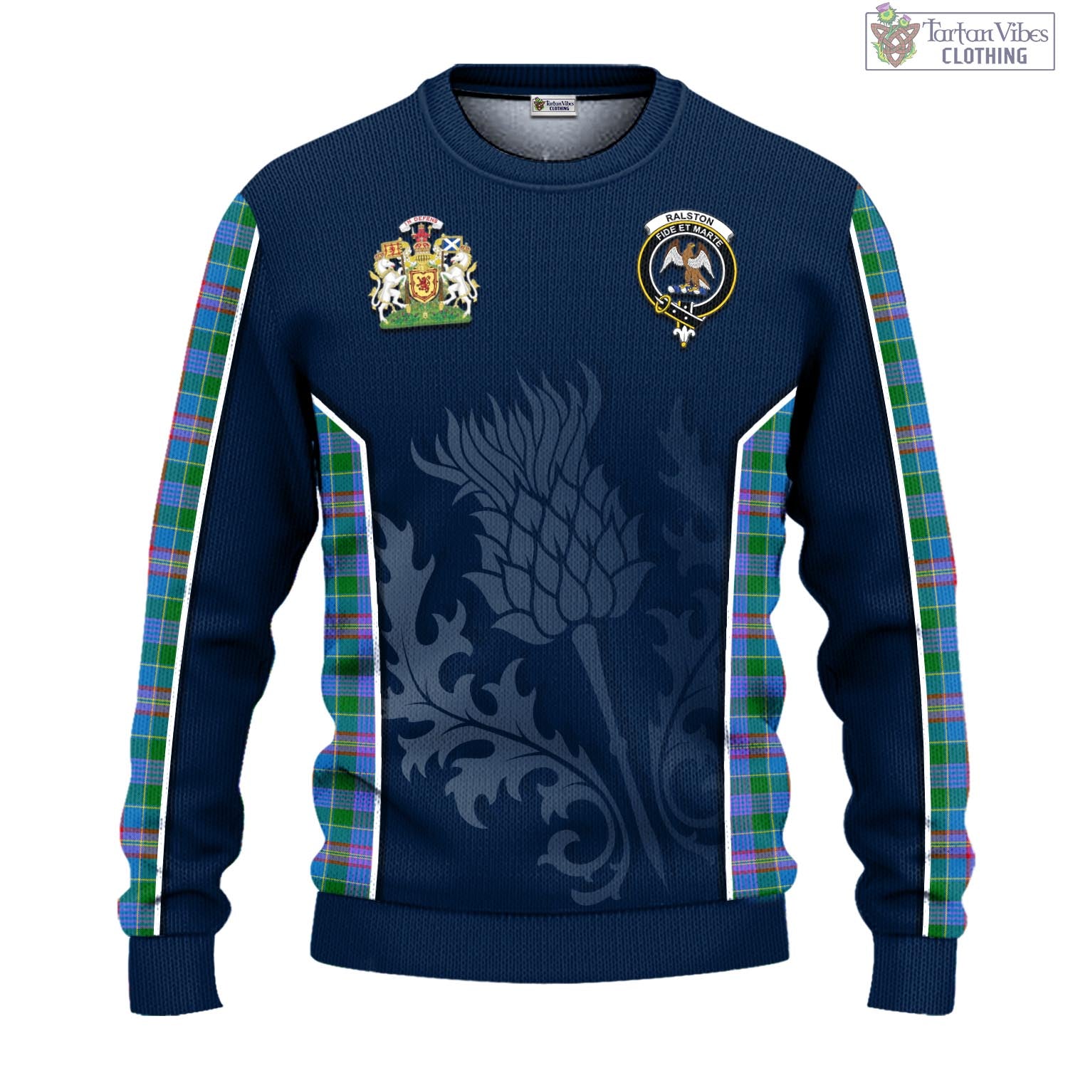 Tartan Vibes Clothing Ralston Tartan Knitted Sweatshirt with Family Crest and Scottish Thistle Vibes Sport Style
