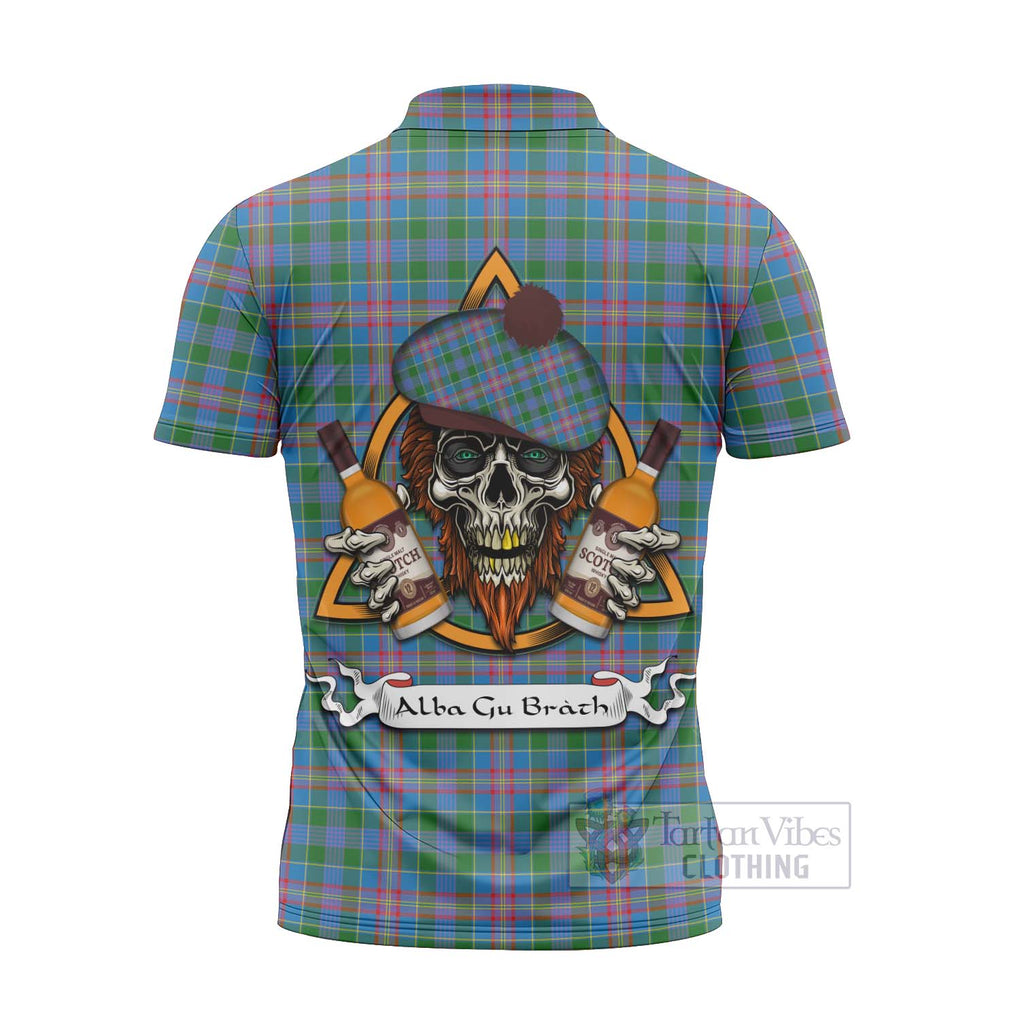 Tartan Vibes Clothing Ralston Tartan Zipper Polo Shirt with Family Crest and Bearded Skull Holding Bottles of Whiskey