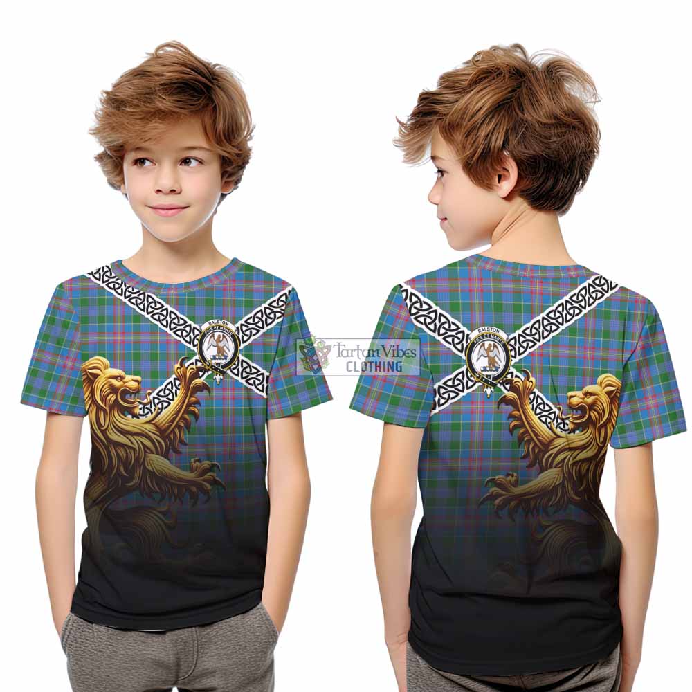 Tartan Vibes Clothing Ralston Crest Tartan Kid T-Shirt with Golden Lion Emblem Celtic Style