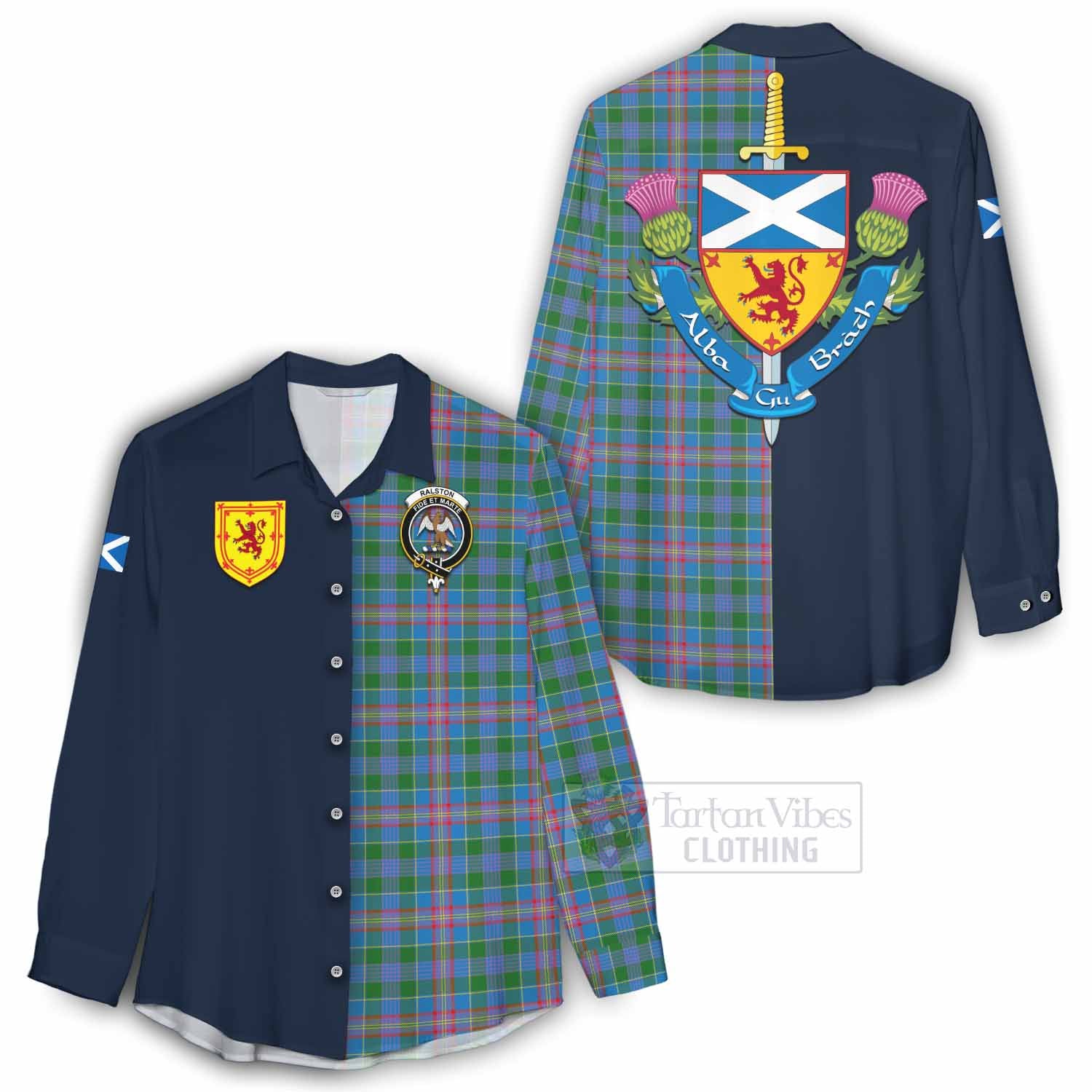 Tartan Vibes Clothing Ralston Tartan Women's Casual Shirt Alba with Scottish Lion Royal Arm Half Style