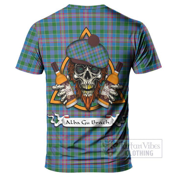 Tartan Vibes Clothing Ralston Tartan T-Shirt with Family Crest and Bearded Skull Holding Bottles of Whiskey