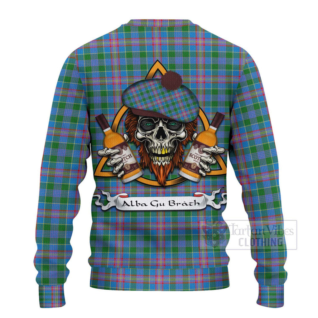 Tartan Vibes Clothing Ralston Tartan Knitted Sweater with Family Crest and Bearded Skull Holding Bottles of Whiskey
