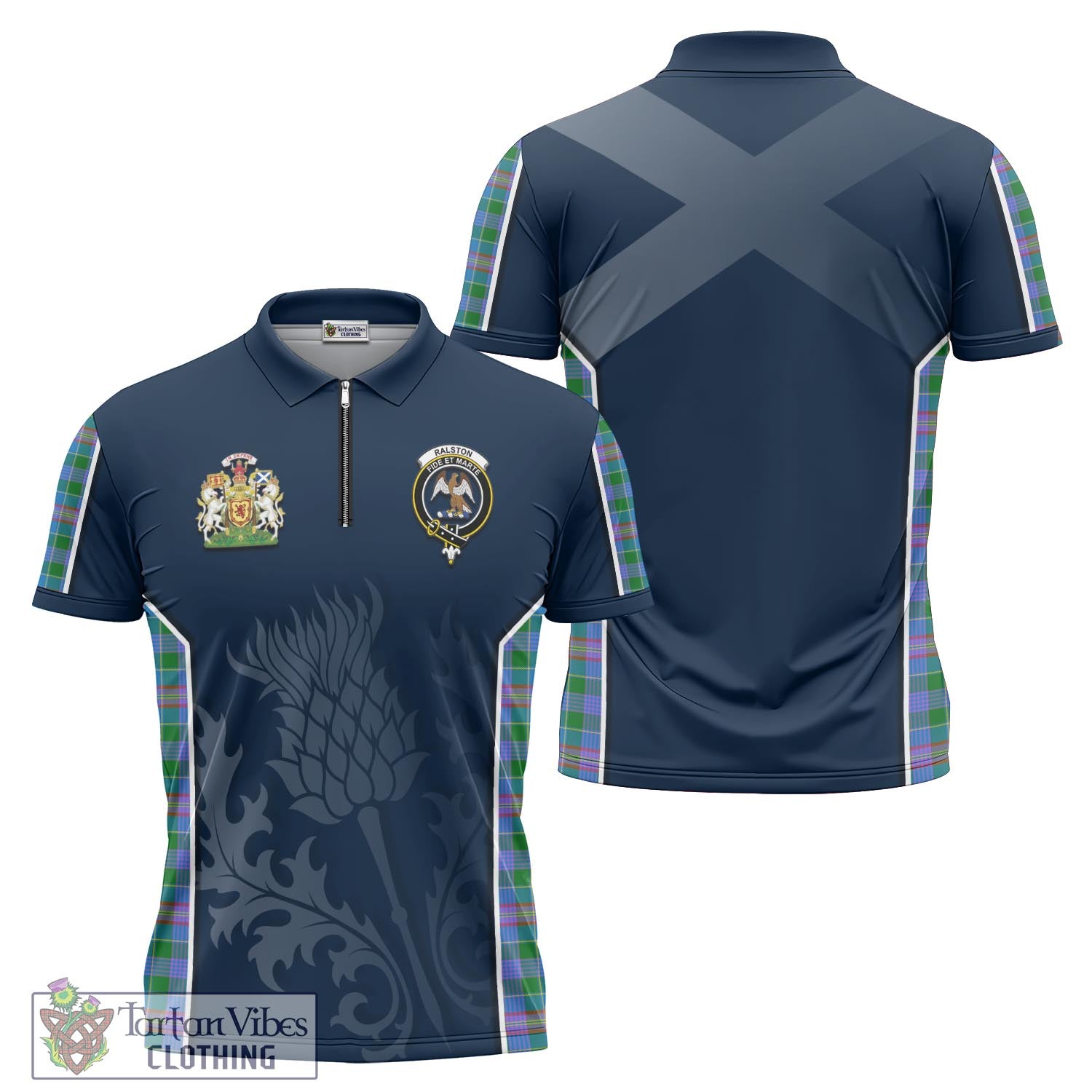 Tartan Vibes Clothing Ralston Tartan Zipper Polo Shirt with Family Crest and Scottish Thistle Vibes Sport Style