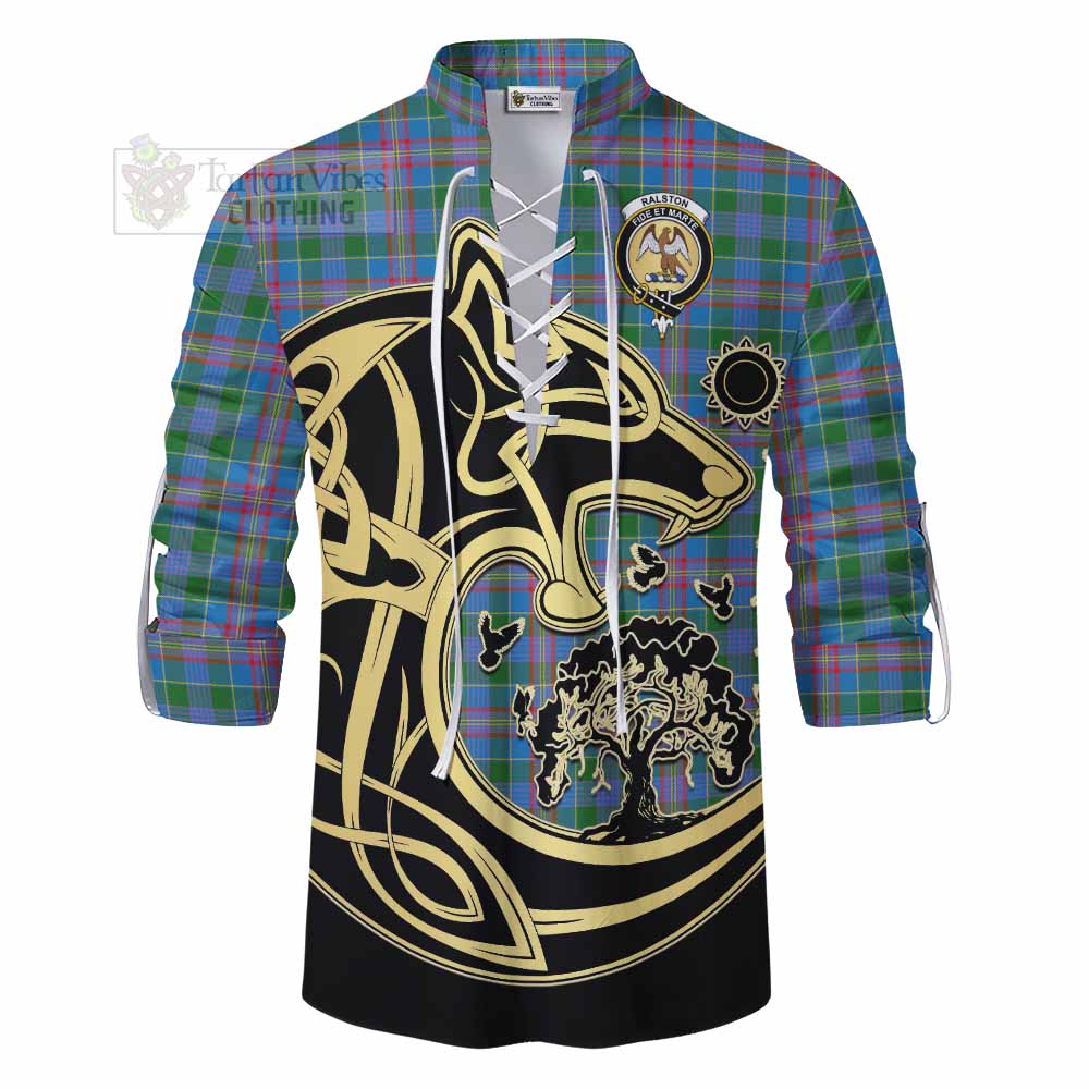 Tartan Vibes Clothing Ralston Tartan Ghillie Kilt Shirt with Family Crest Celtic Wolf Style