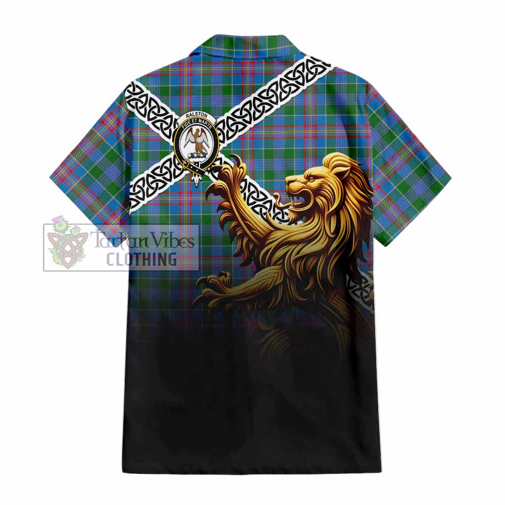 Tartan Vibes Clothing Ralston Crest Tartan Short Sleeve Button Shirt with Golden Lion Emblem Celtic Style