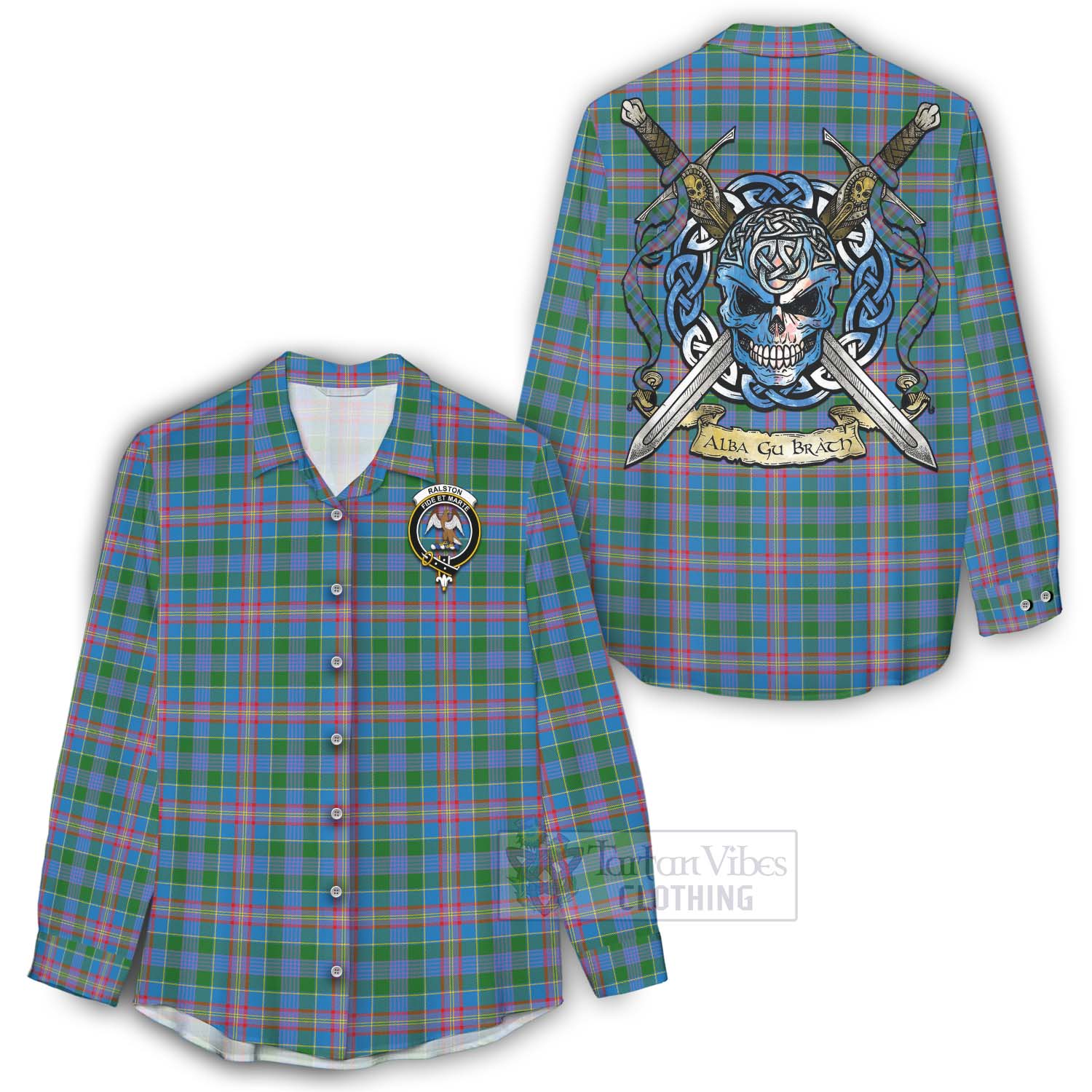 Tartan Vibes Clothing Ralston Tartan Women's Casual Shirt with Family Crest Celtic Skull Style