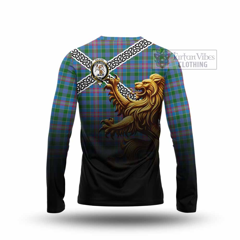 Tartan Vibes Clothing Ralston Crest Tartan Long Sleeve T-Shirt with Golden Lion Emblem Celtic Style