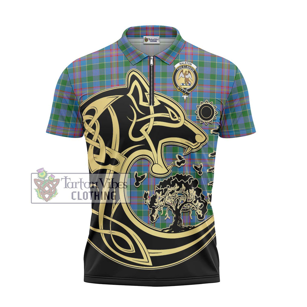 Ralston Tartan Zipper Polo Shirt with Family Crest Celtic Wolf Style - Tartanvibesclothing Shop