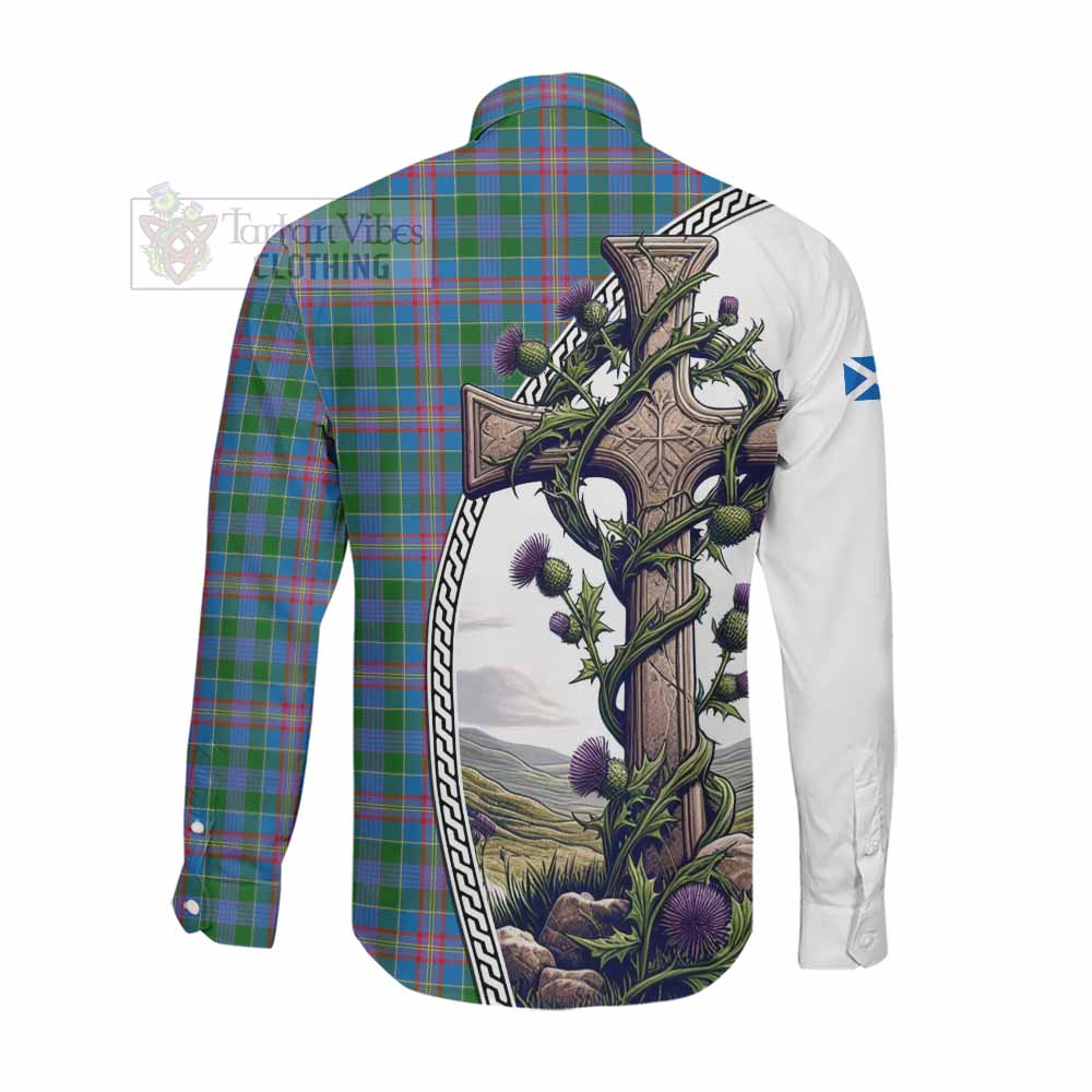 Tartan Vibes Clothing Ralston Tartan Long Sleeve Button Shirt with Family Crest and St. Andrew&#39;s Cross Accented by Thistle Vines