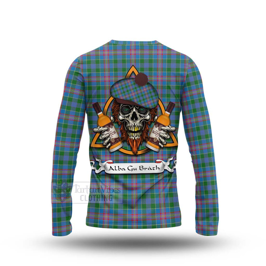 Tartan Vibes Clothing Ralston Tartan Long Sleeve T-Shirt with Family Crest and Bearded Skull Holding Bottles of Whiskey
