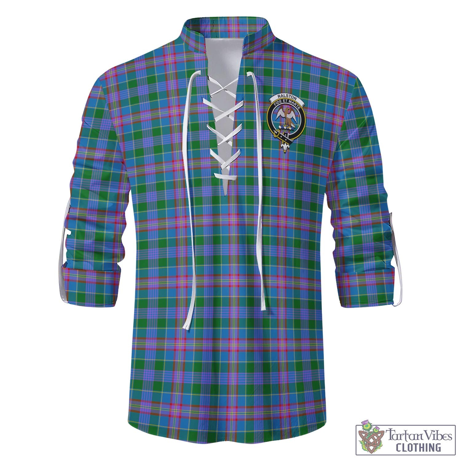 Tartan Vibes Clothing Ralston Tartan Men's Scottish Traditional Jacobite Ghillie Kilt Shirt with Family Crest
