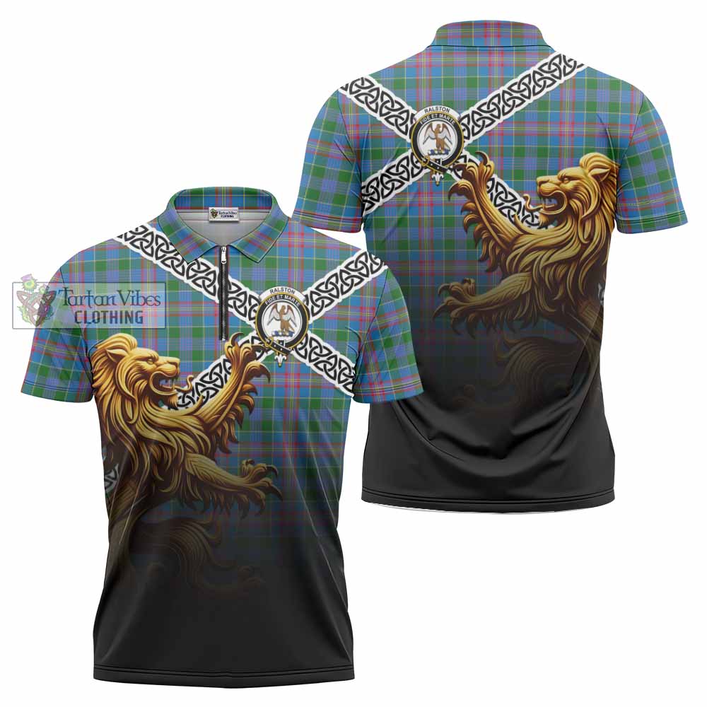 Tartan Vibes Clothing Ralston Crest Tartan Zipper Polo Shirt with Golden Lion Emblem Celtic Style