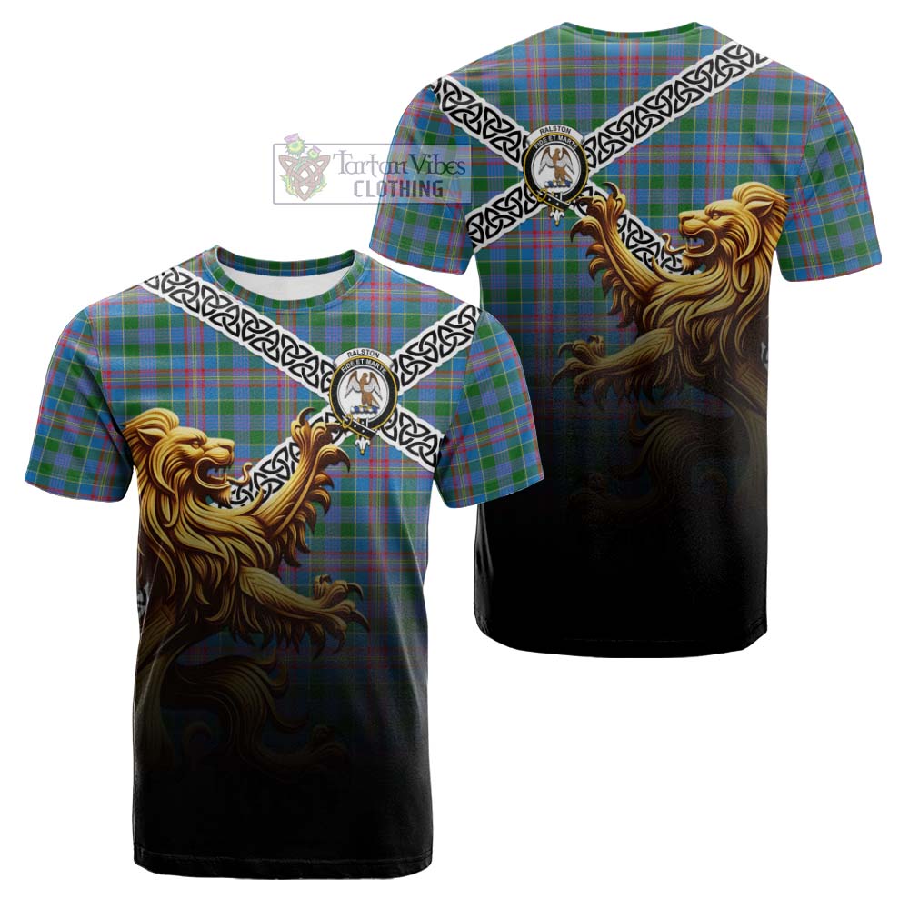 Tartan Vibes Clothing Ralston Crest Tartan Cotton T-shirt with Golden Lion Emblem Celtic Style