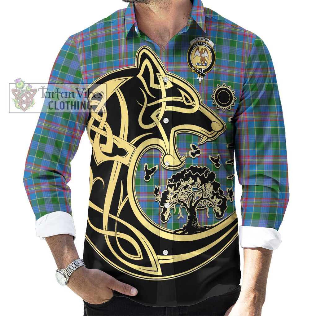 Ralston Tartan Long Sleeve Button Shirt with Family Crest Celtic Wolf Style - Tartan Vibes Clothing