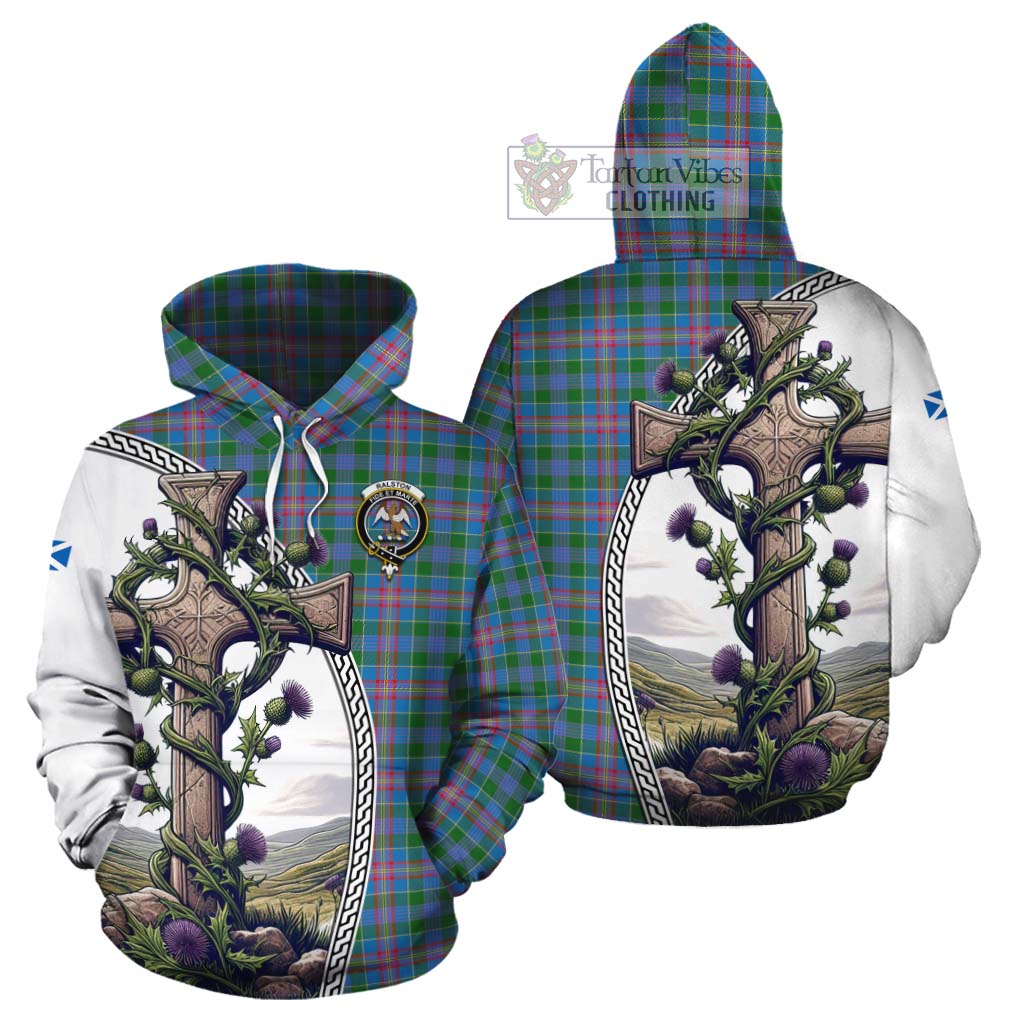 Tartan Vibes Clothing Ralston Tartan Cotton Hoodie with Family Crest and St. Andrew's Cross Accented by Thistle Vines