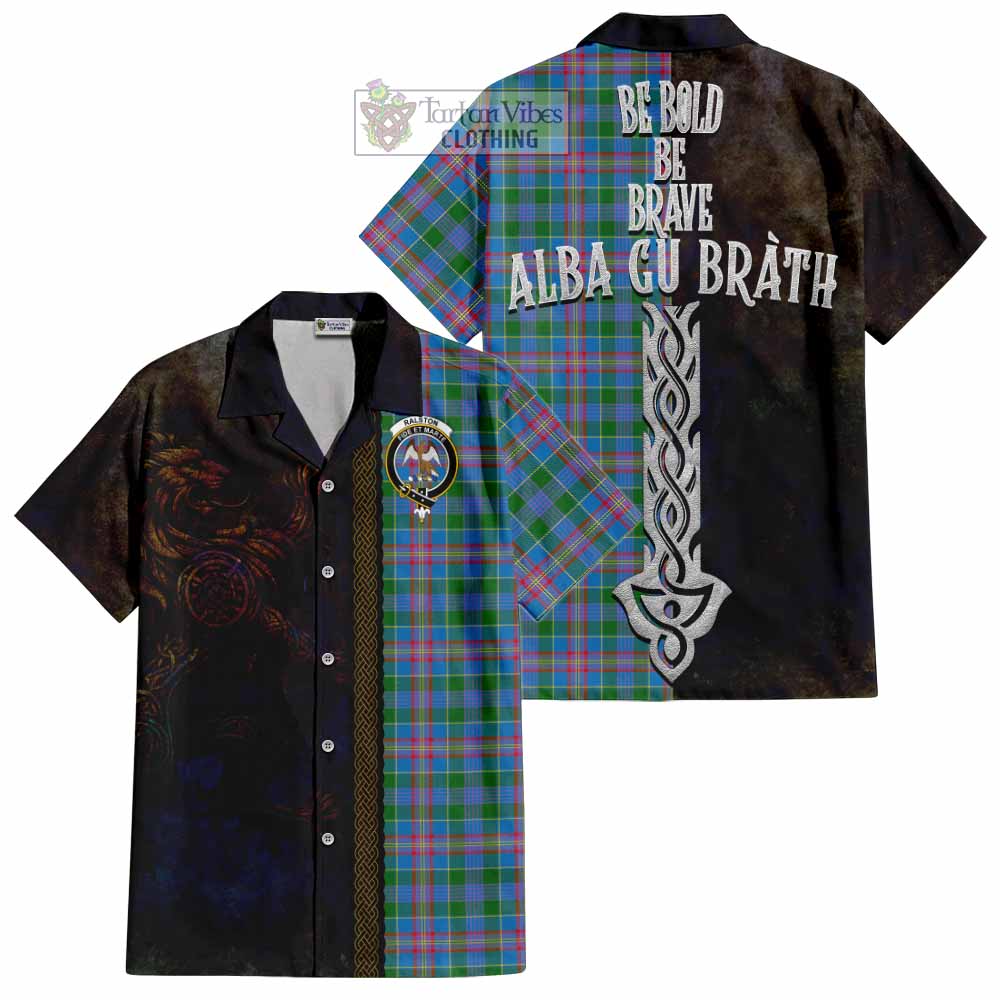 Tartan Vibes Clothing Ralston Tartan Family Crest Short Sleeve Button Shirt Alba Gu Brath Be Brave Lion Ancient Style
