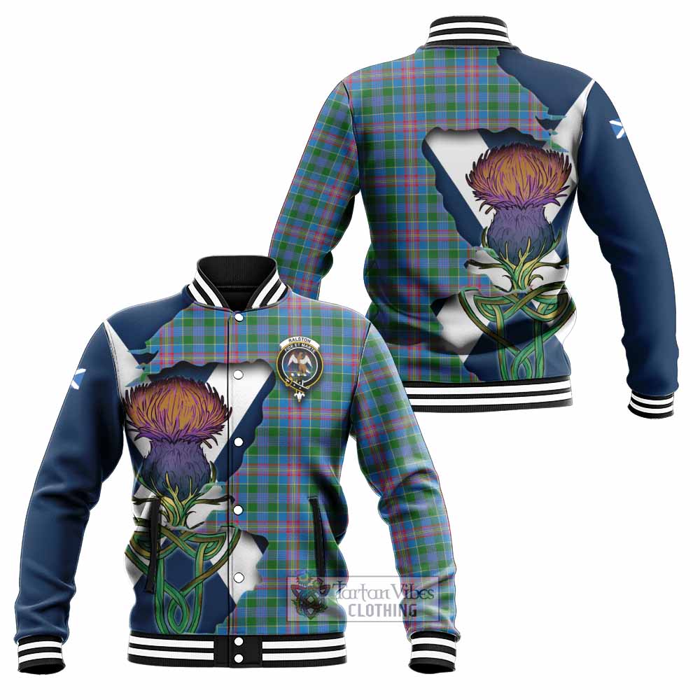 Tartan Vibes Clothing Ralston Tartan Family Crest Baseball Jacket Scottish Thistle Celtic Inspired