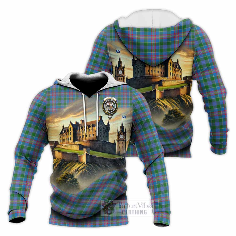 Tartan Vibes Clothing Ralston Tartan Family Crest Knitted Hoodie with Scottish Ancient Castle Style