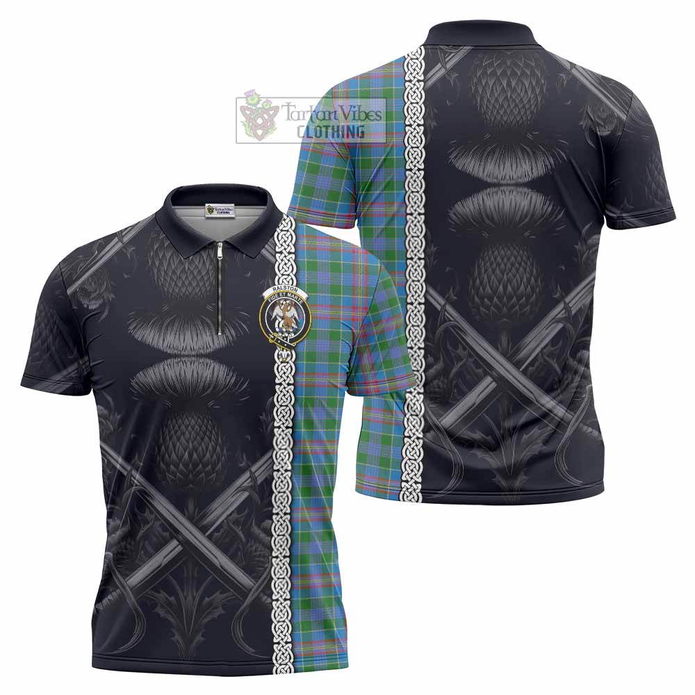 Tartan Vibes Clothing Ralston Tartan Zipper Polo Shirt with Family Crest Cross Sword Thistle Celtic Vibes