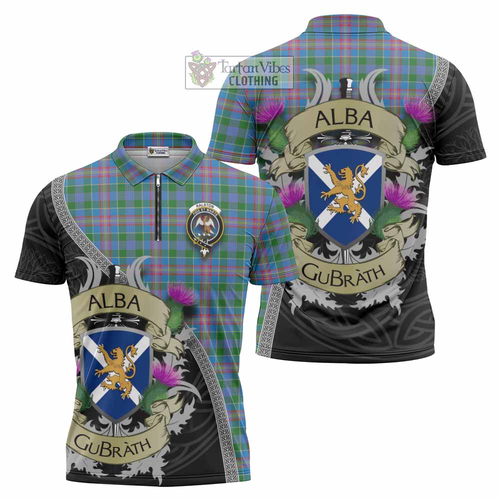 Tartan Vibes Clothing Ralston Tartan Family Crest Zipper Polo Shirt Lion Rampant Royal Thistle Shield Celtic Inspired