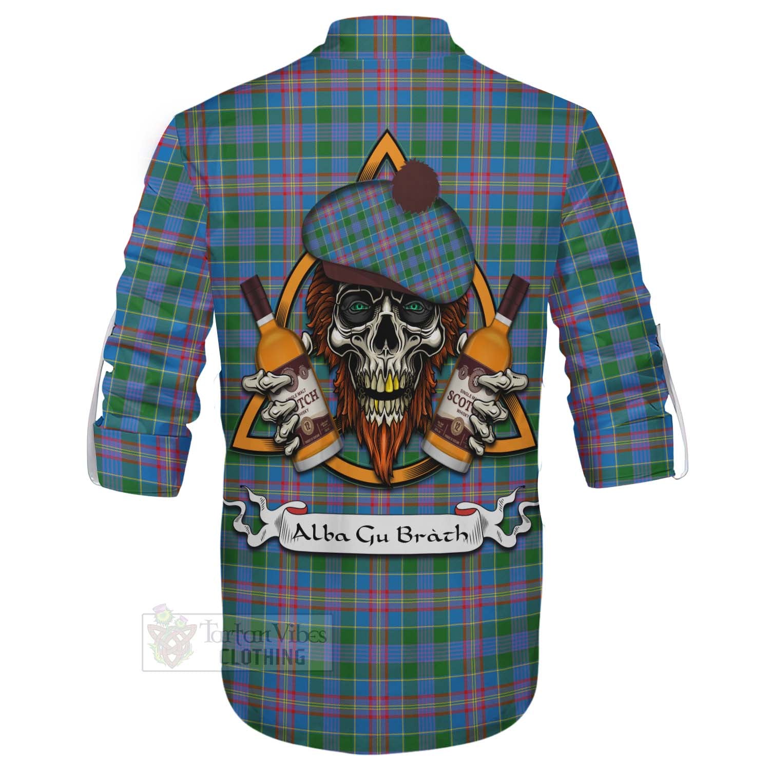 Tartan Vibes Clothing Ralston Tartan Ghillie Kilt Shirt with Family Crest and Bearded Skull Holding Bottles of Whiskey