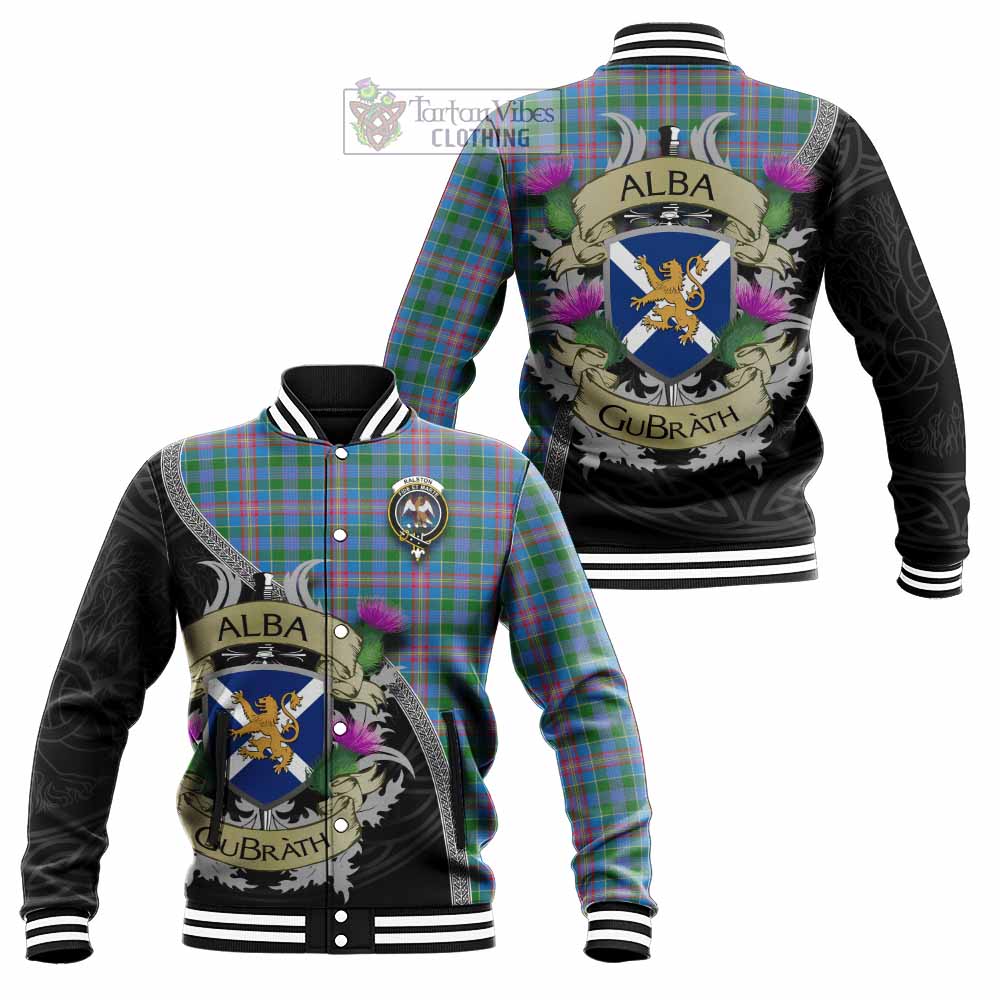 Tartan Vibes Clothing Ralston Tartan Family Crest Baseball Jacket Lion Rampant Royal Thistle Shield Celtic Inspired