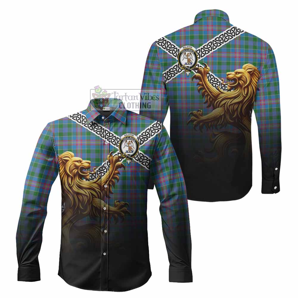 Tartan Vibes Clothing Ralston Crest Tartan Long Sleeve Button Shirt with Golden Lion Emblem Celtic Style